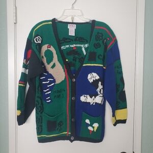 PBJ Sport Womans Color Block  Novelty Golf Theme Cardigan Sweater Ramie Cotton M